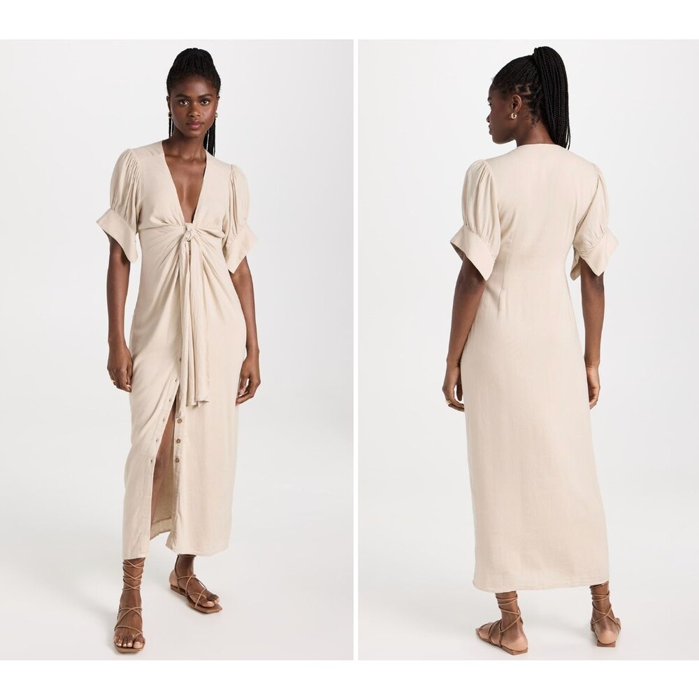 Free People Midi Dress Womens XS Beige Boho Short Sleeve Tie Neck Button Front